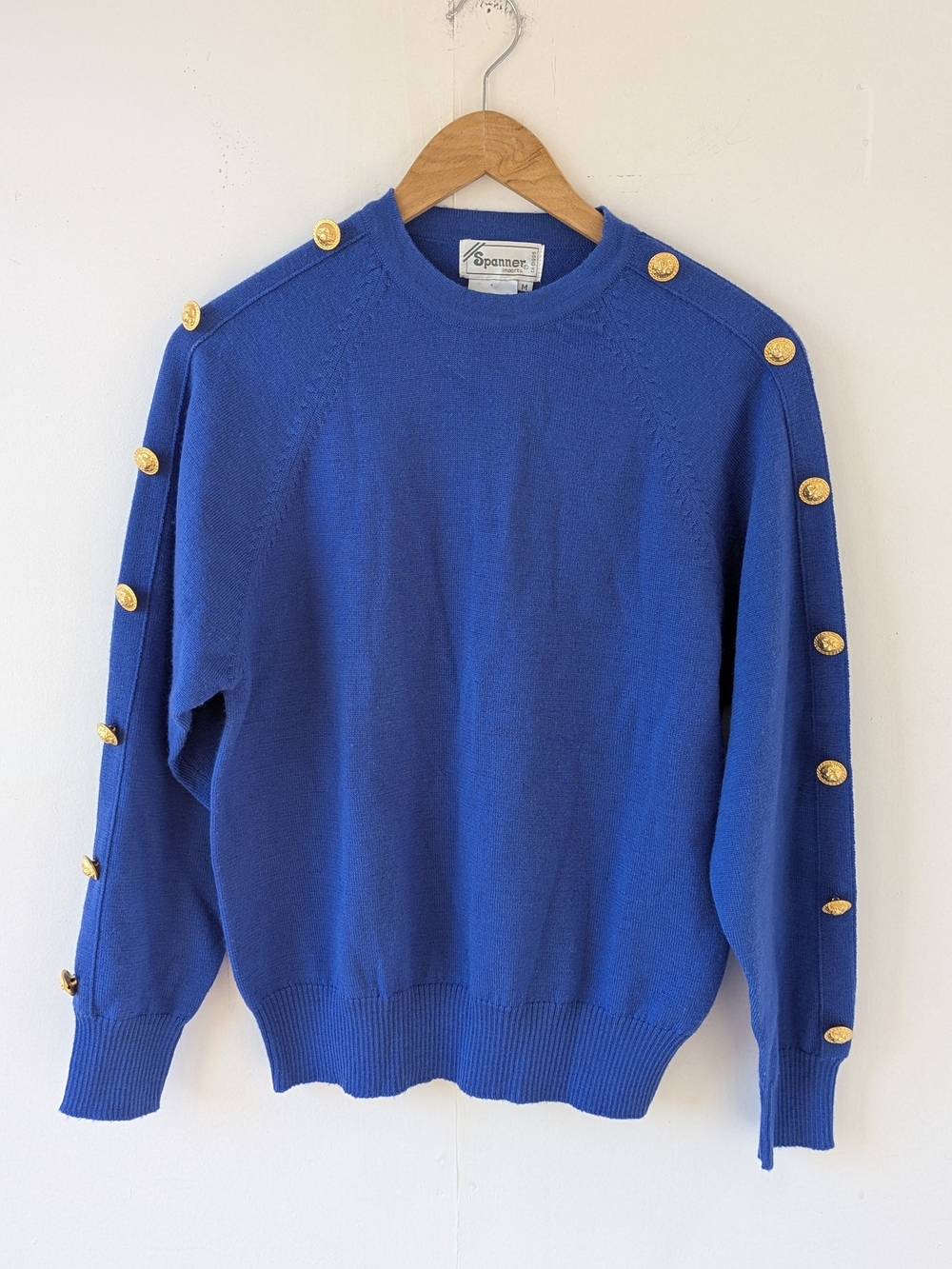 Vintage Spanner 100% Wool Knit Crewneck Sweater Gold Button Purple Blue Medium